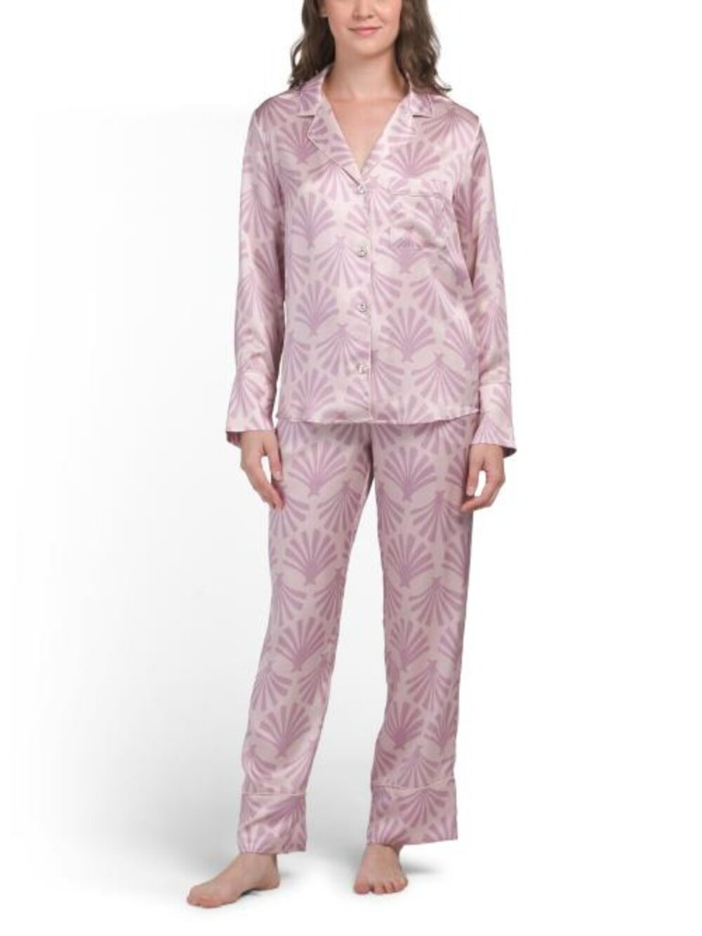 PETITE PLUME 2pc Silk Blush Tide Long Sleeve Pajama Top And Pants Set